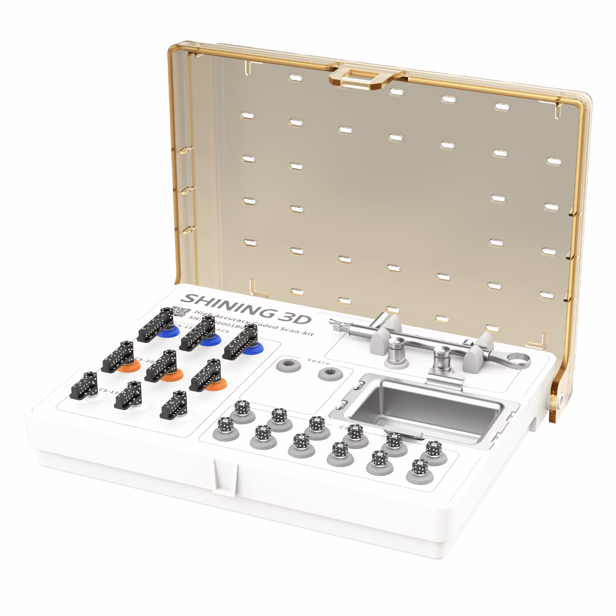 Kit de numérisation avec scanbodies codés pour l'enregistrement photogrammétrique implantaire.
